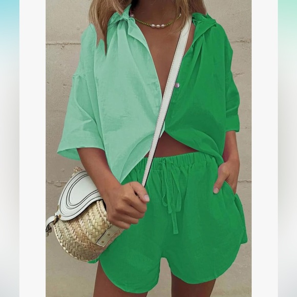 Fixmatti Green Cotton Colorblock Button Up Shirt and Shorts Set - Picture 1 of 15
